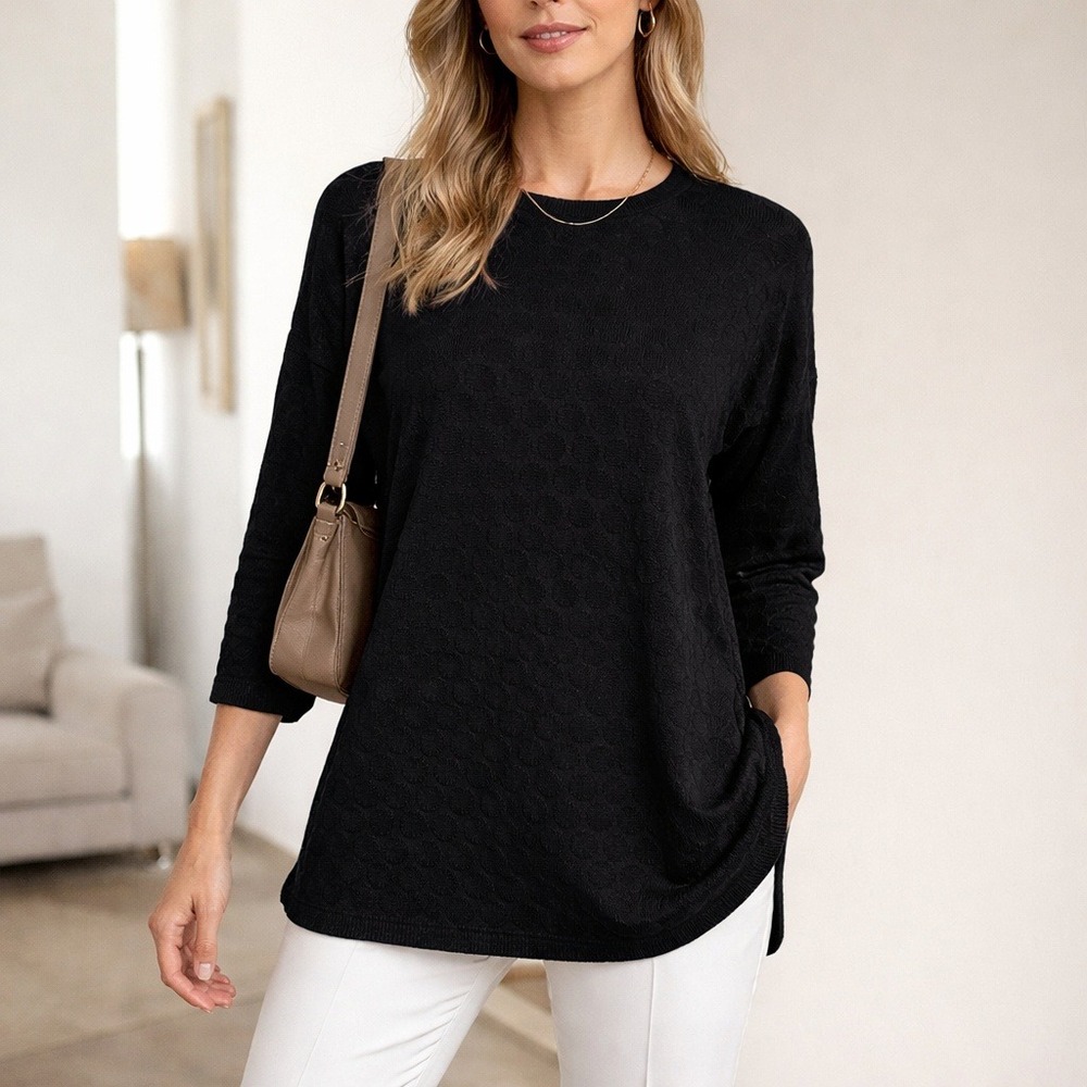 St‎ John Collection Black Textured Knit Tunic Top M Wool Blend USA Made